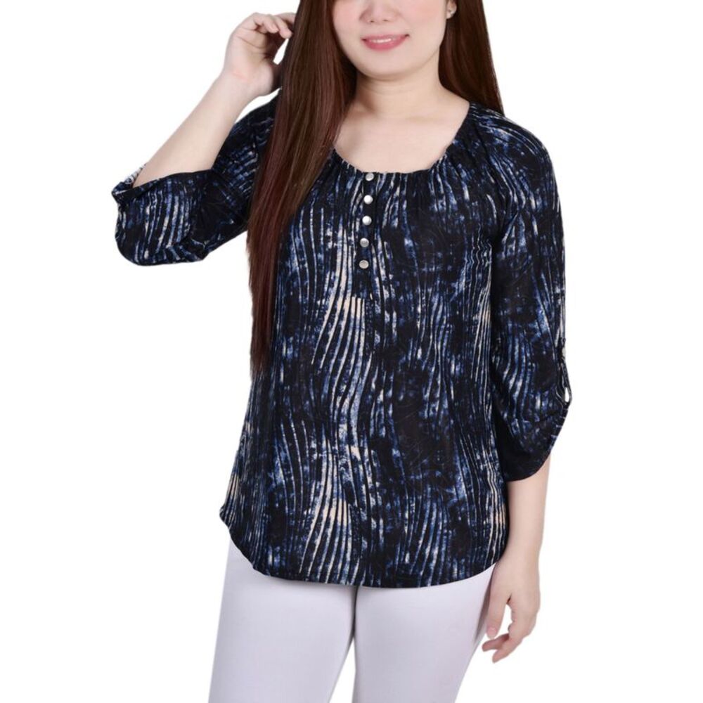 NY Collection Petite 3/4 Push Tab Round Neck Henley Top